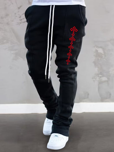 Cross Graphic Print Men's Creative Sweatpants, Casual Breathable Slightly Stretch Sports Pants