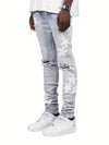 Mens Ripped Frayed Slim Fit Jeans - Premium Solid Cotton Blend, Street Style Bottoms with Stars Pattern Design, Comfortable and Stylish for Casual Wear