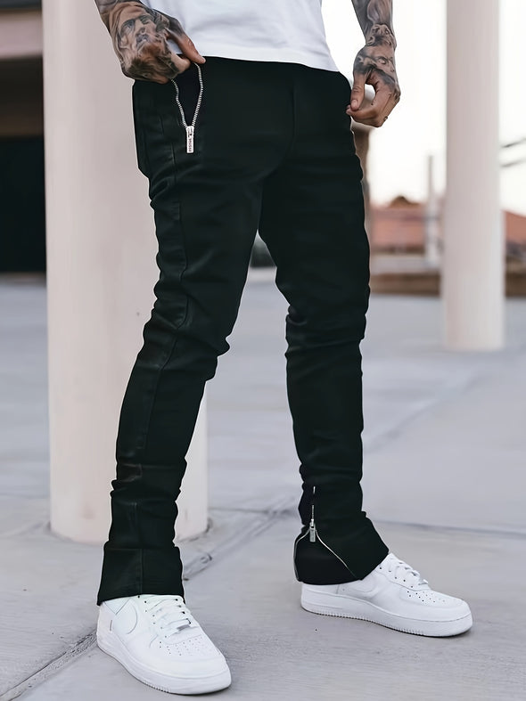 Stretchy Skinny Fit Men's Jeans - Streetwear Inspired, Bottom Zipper Closure, Soft and Breathable Fabric, Comfortable and Versatile Casual Wear - Perfect for Daily Life and Outdoor Activities