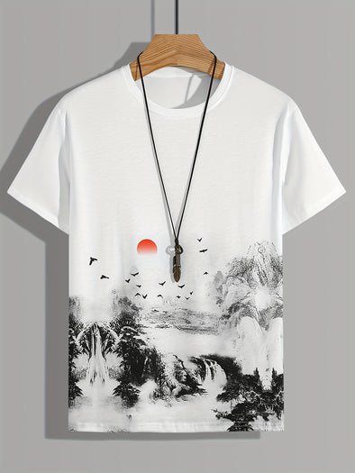 Men's Ink Painting ' Sunrise Scenery' Graphic Print T-shirt, Stylish Short Sleeve Tees For Sports/casual Activity, Oversized Tops For Big & Tall Males, Plus Size