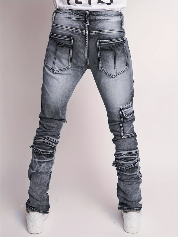 Men's Distressed Skinny Fit Jeans - Stylish Multi-Pocket Denim Pants with Ripped Details, Versatile for All Seasons, Fashionable and Comfortable for Everyday Wear