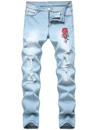 Mens Slim Fit Rose Print Ripped Jeans - Fashionable Distressed Denim Pants with Stretch - Stylish Street Style for Spring Summer