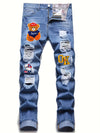 Men's Casual Embroidery Jeans, Chic Street Style Distressed Denim Pants