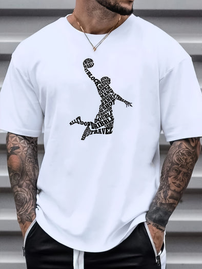 Plus Size Men's Basketball Print Short Sleeve T-Shirt - Casual Crew Neck Tee for Outdoor Sport and Leisure, Big and Tall Guys with Comfortable Fit, Relaxed Style, and Vibrant Graphic Print