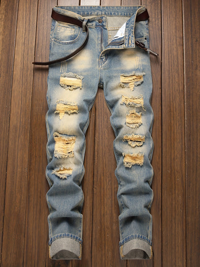 All-Season Trendy Men's Distressed Jeans - Mid-Waist, Cotton Blend, with Belt & Easy-Care