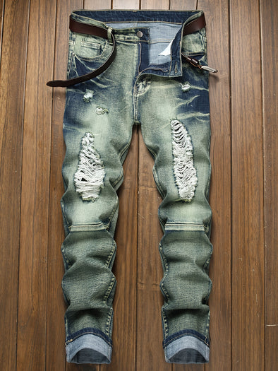 Trendy Ripped & Tie-Dye Men's Jeans - All-Season, Stretch Denim with Mid Waist Fit, Easy Care