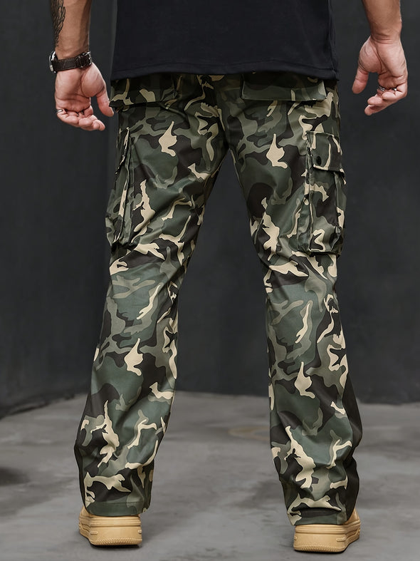 100% Polyester Men's Camo Cargo Sweatpants with Multiple Pockets - Elastic Drawstring Waist, Regular Fit, Non-Stretch Woven Fabric for Hiking & Camping