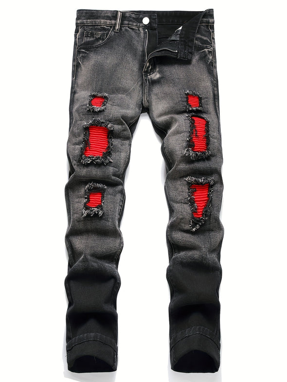 Mens Distressed Ripped Jeans with Crinkled Patches - Trendy Street Style Straight Leg Denim Pants - Premium Cotton Blend, Fashion Barrel Cut - For Casual Everyday Wear