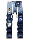 Men's Street Style Ripped Denim Pants With Bear & Letters Pattern, Regular Jeans For Males