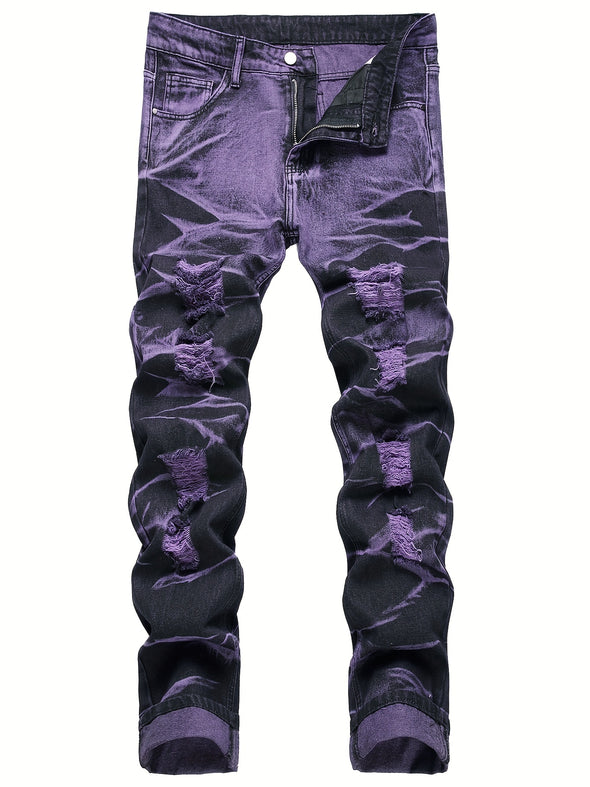 Trendy Y2k Tie Dye Ripped Jeans for Men - Handcrafted Bold Design, Comfortable Regular Fit Denim Pants with Pockets for Street Style Fashion