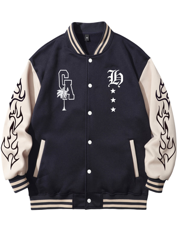 Varsity Star Print Embroidered Baseball Jacket - Color Block, Slight Stretch, Machine Washable, Regular Fit, Polyester Knit Fabric - Perfect for Spring, Fall, School, Baseball Events