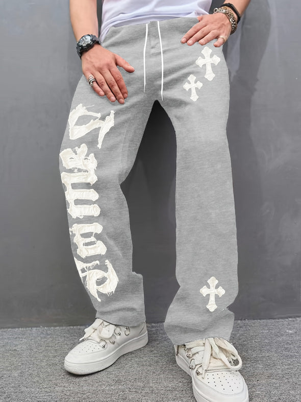 Men's Loose Fit Joggers - Breathable Polyester Knit with Ribbed Cuffs, Drawstring Waist, Letter Print, Athletic Sportswear, Hot Transfer Print Design