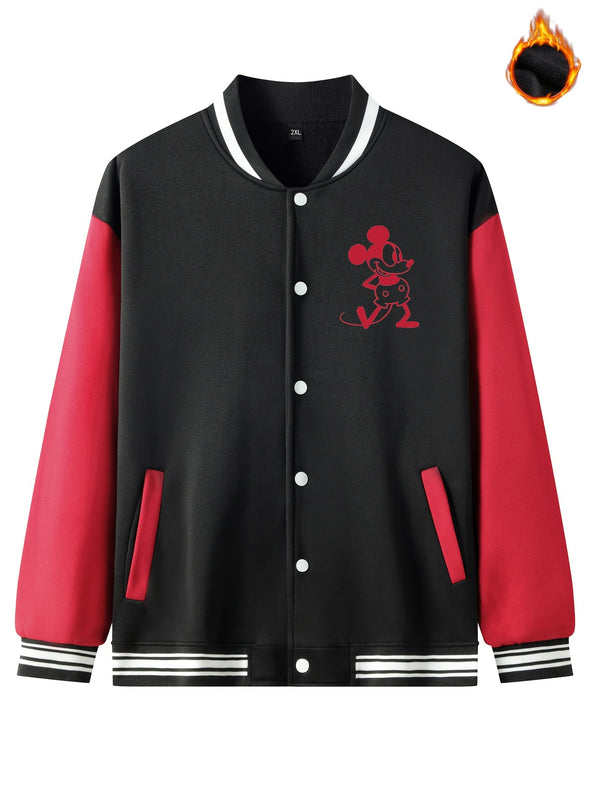 Steamboat Willy Graphic Print Long Sleeve Plush Jacket - Soft, Lightweight, Warm, and Trendy Baseball Jacket with Pockets for Autumn and Winter Outdoor Sports - Perfect for Casual Daily Wear and Gift Ideas