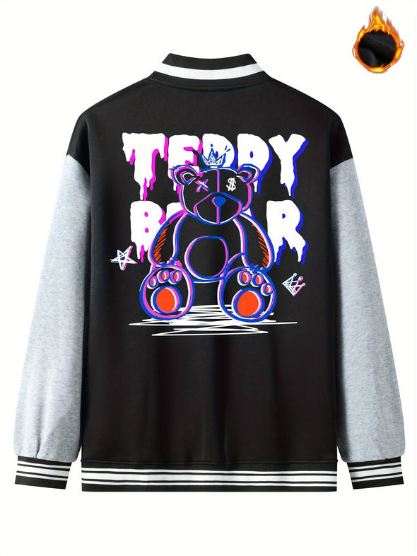 Men's Embroidered Toy Bear Varsity Jacket - Casual Stretch Fit, Durable Polyester, Color Block Design for Spring/Fall