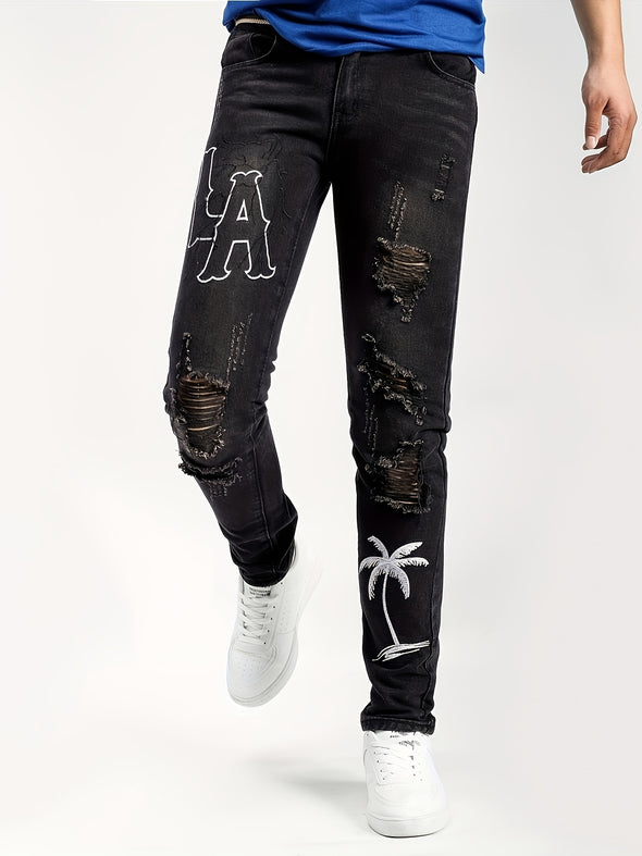 Men's Lettering And Palm Tree Embroidered Distressed Frayed Slim Fit Jeans