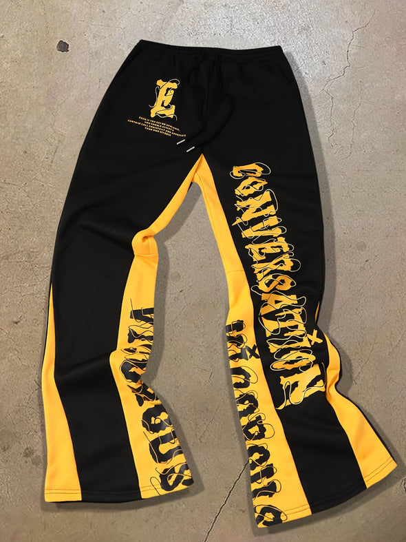 Men's Casual Loose-Fit Track Pants with English Letter Print, Polyester Knit Fabric with Slight Stretch, Side Pockets, Elastic Waist - Yellow & Black