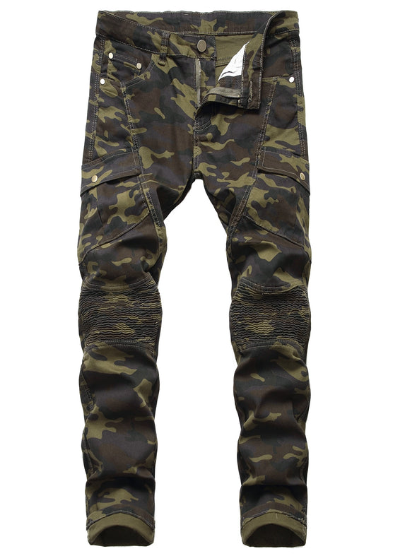 Mens Distressed Jeans - Ultra-Comfortable Slim Fit Stretchy Denim Pants with Artful Rips, Biker-Inspired Cargo Pockets, and Camouflage Design - Fashionable and Durable for Men