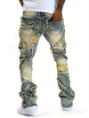 Men's Fashionable Distressed Ripped Skinny Flare Leg Jeans - Stretchy Cotton Blend Denim Pants with Frayed Hem Detail, Five-Pocket Design, and Casual Street Style for All-Season Wear, Perfect for Outdoor Activities and Daily Life