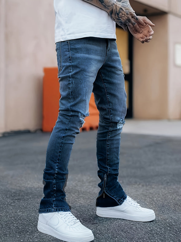 Mens Fashionable Slim Fit Ripped Jeans - Stylish Distressed Detail, Stretch Denim Comfort, Casual Street Style Pants for Everyday Wear