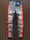 Men's Stylish Slim-Fit Ripped Jeans - Flame Print, Straight Leg, Comfortable Fabric, Fashionable Design, Trendy Apparel for Casual Occasions - New Arrival