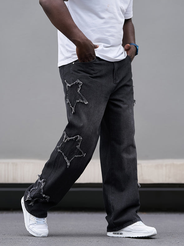 Men's Solid Barrel Jeans With Star Pattern