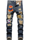 Men's Casual Embroidery Jeans, Chic Street Style Distressed Denim Pants