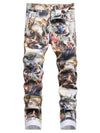 European Renaissance-Inspired Oil Painting Print Skinny Jeans for Men - Chic Street Style, Stretchy, Comfortable, Casual Wear - Unique Artistic Design, High-Quality Fabric, Five-Pocket Styling