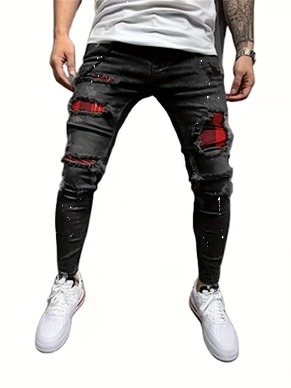 Paint Splatter Chain Decor Ripped Slim Fit Jeans - Men's Casual Street Style Distressed Mid Stretch Denim Pants for Spring Summer with Comfortable Wear and Versatile Style