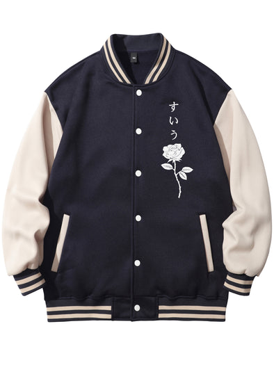 Mens Rose Embroidered Varsity Jacket - Bold Color Block Style - Button Down for Spring/Fall - Perfect School or Baseball Season - Trendy Casual Wear