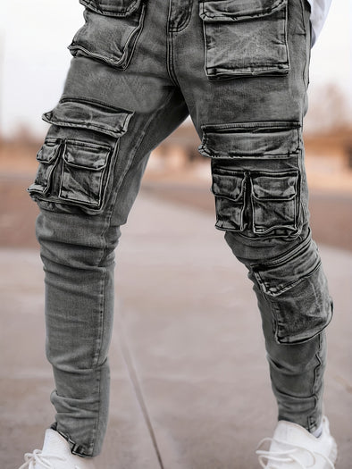 Authentic Vintage-Style Multi-Pocket Denim Jeans - Men's Fashion Casual Streetwear Pants with Distressed Design, Five Functional Pockets, and Comfortable Fitting - Perfect for Everyday Wear