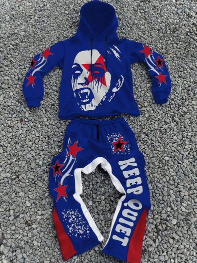 Men's Casual Printed Hoodie & Sweatpants Set - Polyester Blend, Stretch Fabric, Non-Transparent, Portrait Design with Applique Detail - Perfect for All Seasons