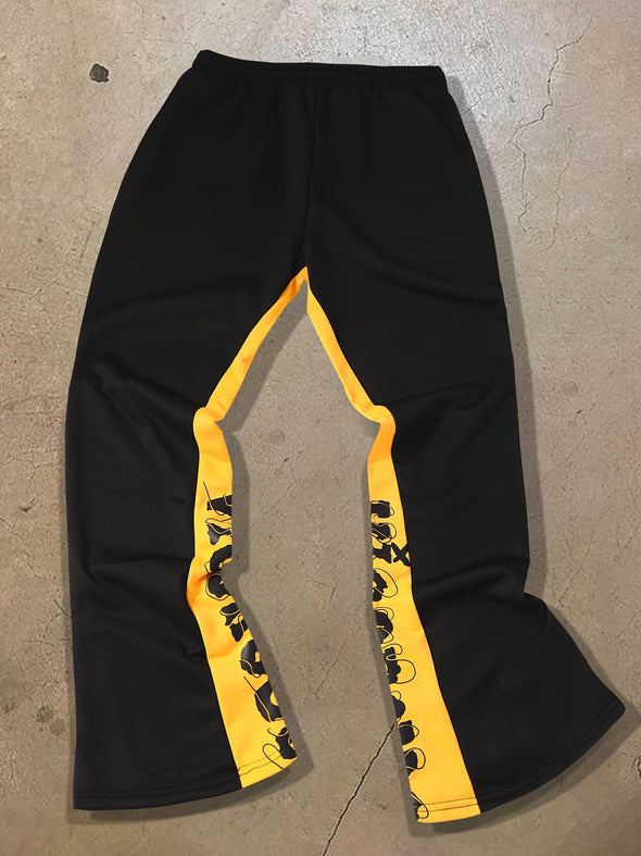 Men's Casual Loose-Fit Track Pants with English Letter Print, Polyester Knit Fabric with Slight Stretch, Side Pockets, Elastic Waist - Yellow & Black