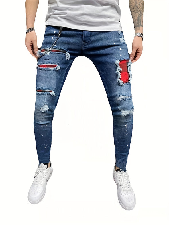 Paint Splatter Chain Decor Ripped Slim Fit Jeans - Men's Casual Street Style Distressed Mid Stretch Denim Pants for Spring Summer with Comfortable Wear and Versatile Style