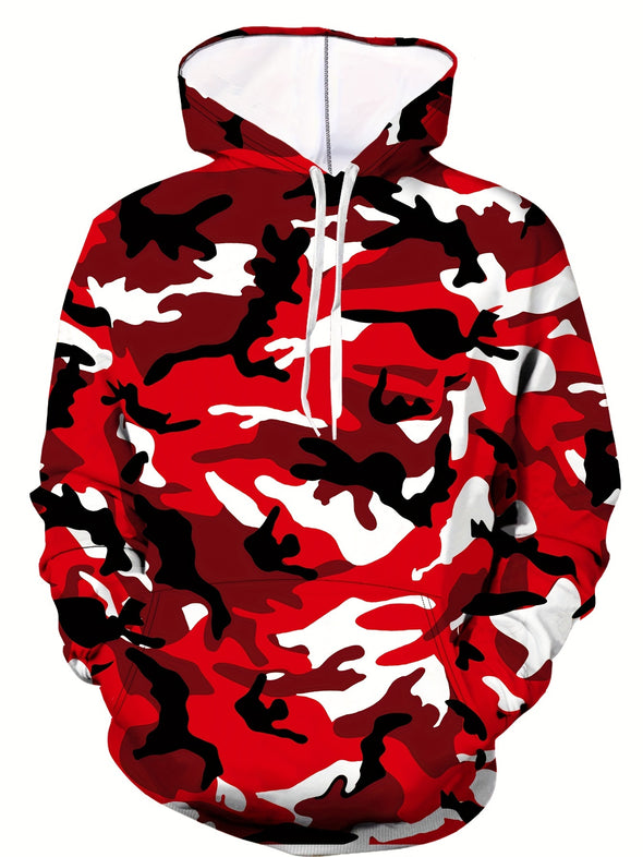 Mens Camo Hooded Sweatshirt Pullover - Soft Slight Stretch Polyester Fabric, Kangaroo Pocket, Machine Washable, Regular Fit, Streetwear for Winter Fall - Ideal Gift for Him