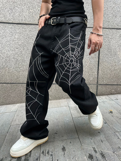 Men's Casual Street Style Jeans - Cotton Blend Spiderweb Embroidery Pants for Everyday Wear