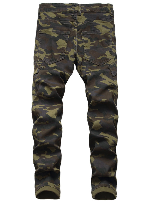 Mens Distressed Jeans - Ultra-Comfortable Slim Fit Stretchy Denim Pants with Artful Rips, Biker-Inspired Cargo Pockets, and Camouflage Design - Fashionable and Durable for Men