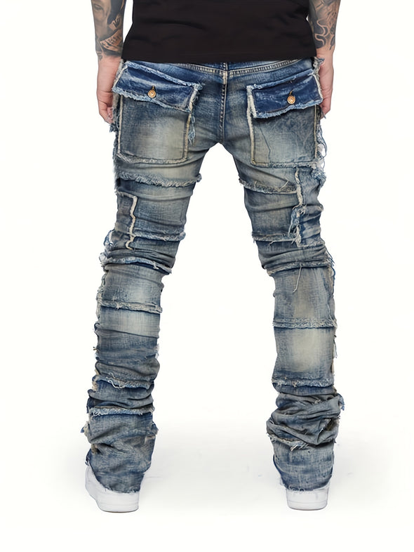 Distressed Skinny Fit Men's Multi-Pocket Jeans, Machine Washable All-Season Street Style Denim Pants