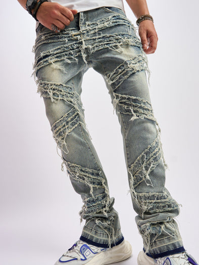 Men's Distressed Skinny Fit Jeans - Fashionable Cuffed Denim Pants with Raw Trims, Tassels, and Stylish Streetwear Design for Leisurewear - High-Quality, Comfortable, and Trendy