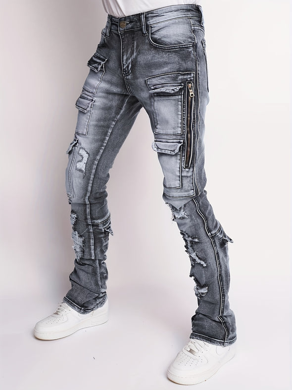 Men's Distressed Skinny Fit Jeans - Stylish Multi-Pocket Denim Pants with Ripped Details, Versatile for All Seasons, Fashionable and Comfortable for Everyday Wear